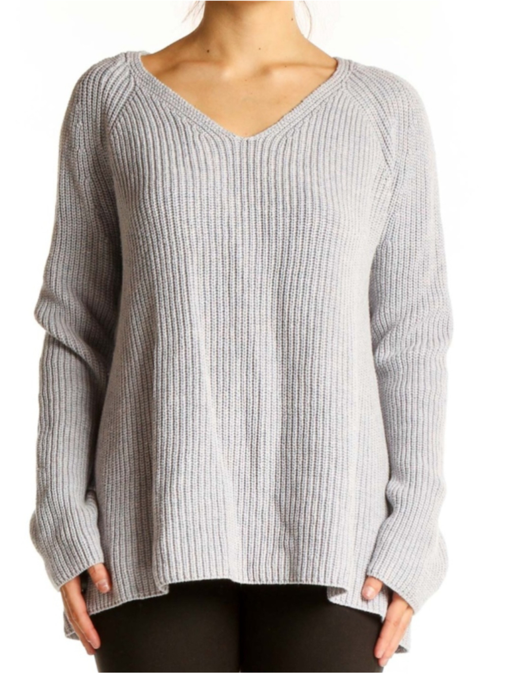 LOU & GREY Vneck Raglan Knit Light Grey Sweater, Casual, Sz M